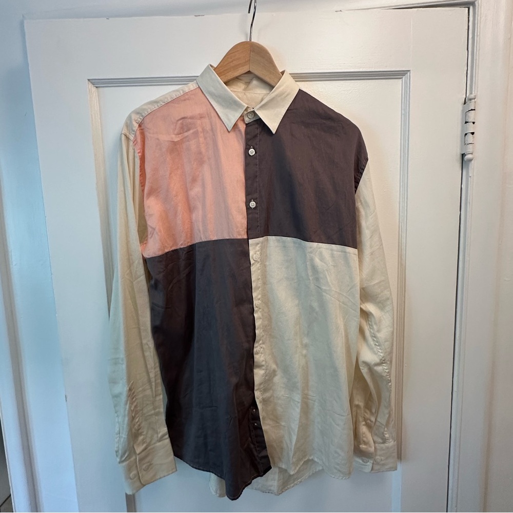 Zanerobe Cream and Brown Casual Button Down Shirt with Color-Block Design
